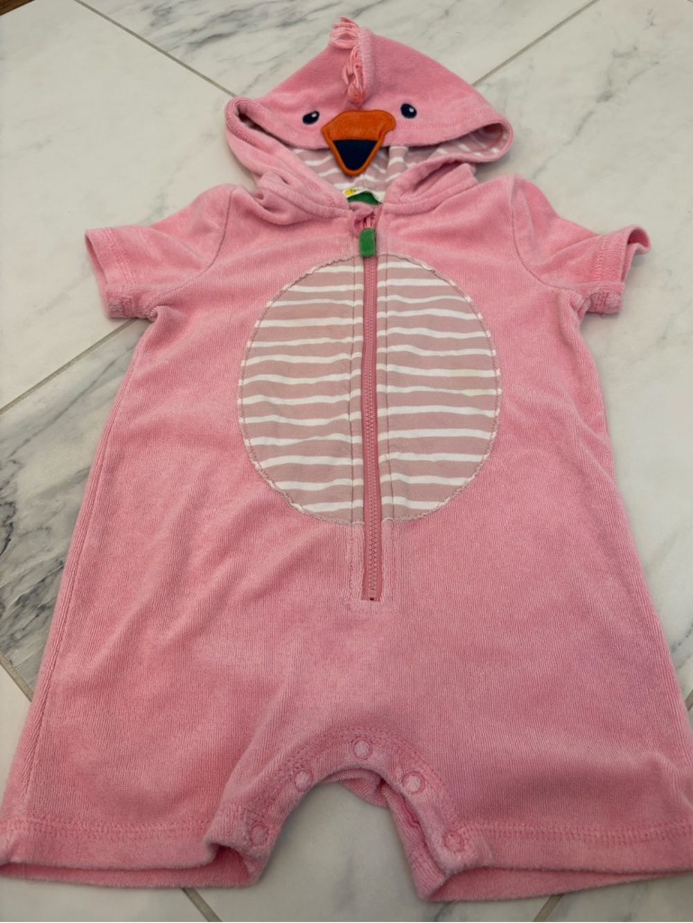 Baby Boden Flamingo Appliqué Pink and White Striped Hooded Baby Romper
